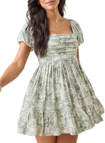Floral Mini Dress for Women Puff Sleeve Fit and Flare Summer Dresses Casual Slip On Short Sleeve Vacation, Floral-green, L