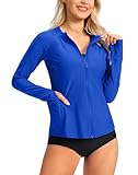 SANTINY Women's Rash Guard UPF50+ SPF UV Protection Long Sleeve Swimsuit Top with Pockets Zip Front Swim Shirts Woman (Royal Blue_L)