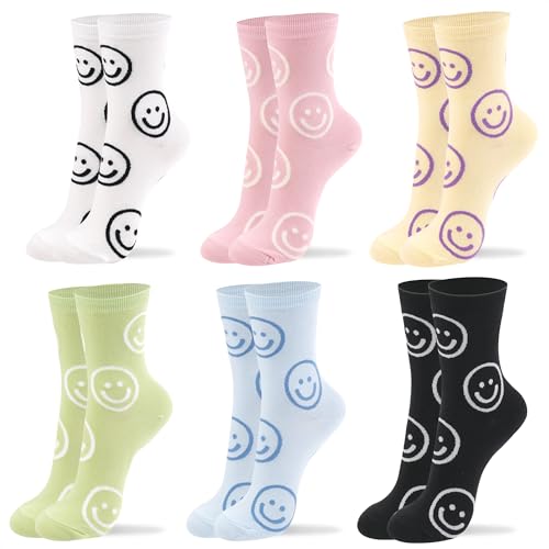 Kikiya Womens Cotton Crew Socks 6 Pack | Cute Smiley Face Emoji Happy Smile Polka Dots Graphic Design Character | Pastel Pink Cheerful Preppy | Ladies Girls Daily Boot Gift | Size 6-9 | Big Smile C