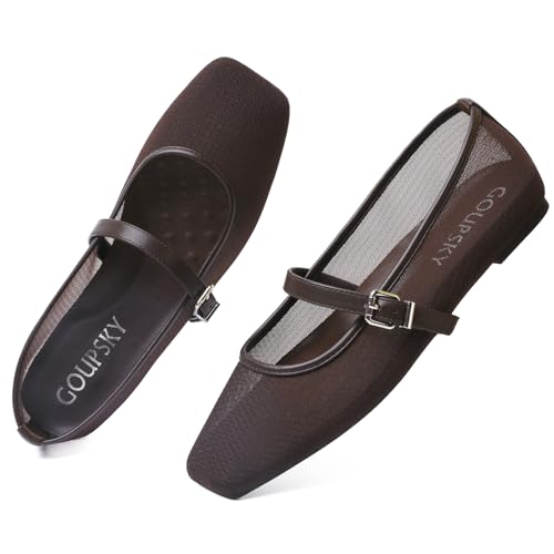 GOUPSKY Brown Mesh Womens Ballet Flats Closed Square Toe Mary Jane Flats Adjustable Ankle Buckle Dressy Comfortable Slip on Flat Shoes Size 8.5