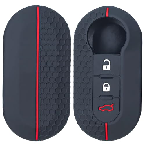 Ebksqs Funda de Silicona para Llave de Coche, Accesorios para Llavero de 3 Botones, Carcasa Protectora Compatible con Mando de Fiat 500   Negro/Rojo