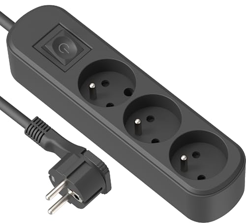 Electraline 32050 Bloc Multiprises 3 prises, interrupteur et fiche Plate - 1,5m, noir