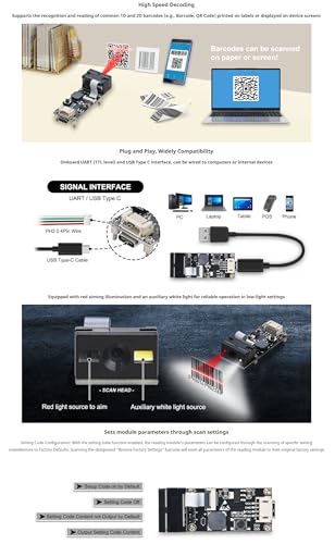 USB Barcode Scanner Module, 1D 2D QR Code Reader with TTL UART & Type-C Interface, Embedded Barcode Recognition Scanner for Arduino Raspberry Pi POS System Screen & Paper Scanning
