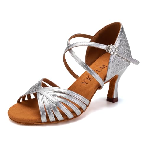YKXLM Latin Ballroom Dance Shoes Women 3 inch Heel Salsa Tango Performance Practice Dance Shoes