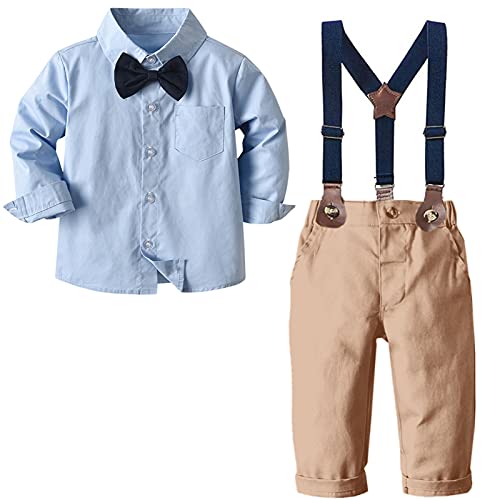 Baby Boys Clothes, Long Sleeves Dress Shirt Dress Shirt and Suspender Khaki Pants Set Tuxedo Gentlemen Outfit with Bow Tie for Newborn Toddlers Baby Boys, Light Blue, Tag 60 = 3-9 Months