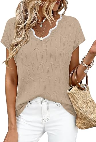 Image of WIHOLL Womens Summer Tops Cap Sleeve Sweater V Neck Shirts Beach Vacation Clothes Business Casual Fashion Clothing