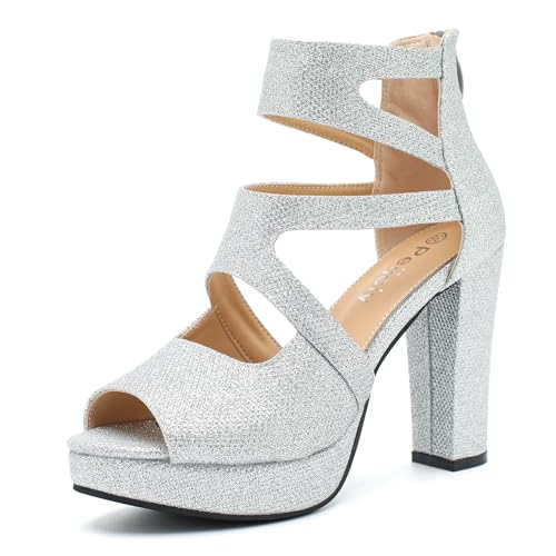 Peijely Women's Platform Heeled Sandals, Cutout Strappy, Peep Toe, High Chunky Heel, Back Zipper Closure, Dress Party Shoes Silver Glitter 47 - US 12.5 by Peijely - Used condition - US$32.61