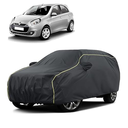 Image of Sulfar 100% Water Resistant Car Body Cover Compatible with Mirror for Renault Pulse (Triple Stitched, Full Bottom Elastic, Dark Grey Taffeta with Yellow Piping)