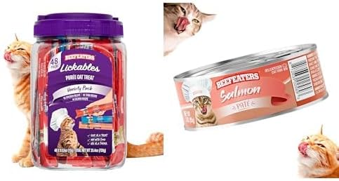 Beefeaters Cat Treats Bundle: 48ct Lickable Puree Variety Pack (Salmon, Tuna & Chicken) + 24-Pack Salmon Pate (3oz)