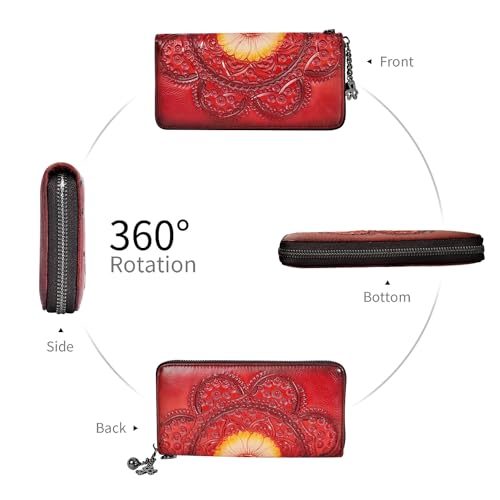 Image of Wallet Genuine Leather for Women - with RFID Blocking Card checkbook ID Slot Large Capacity Vintage style (sunflower red)