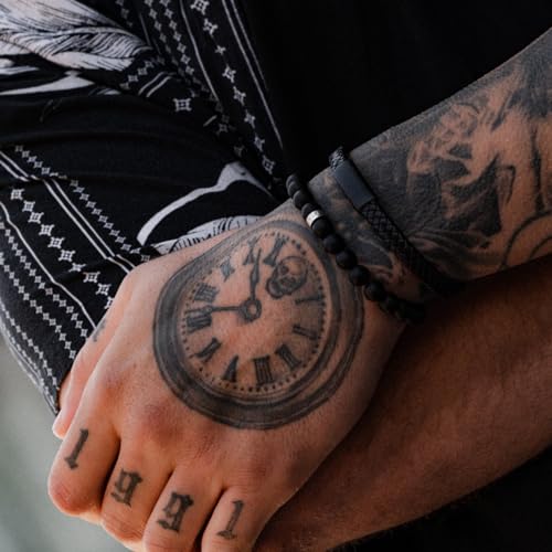 Forge & Foundry Men's Genuine Interwoven Leather Braided Bracelet with Matte Black Custom Engraved Stainless Steel Clasp | “Hanover” | Artist Collaboration Design2