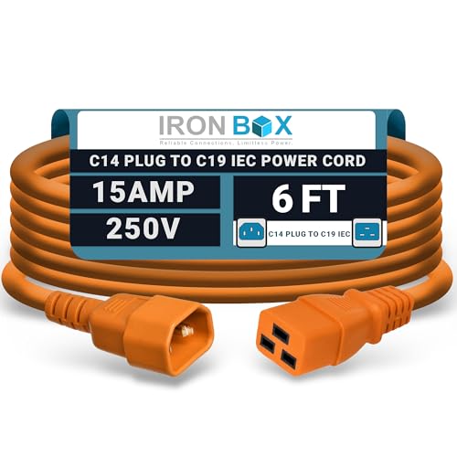 Image of IronBox Electric - Heavy-Duty C14 to C19 Power Cord, 15A, 250V, 14 /3 SJT - IEC60320 PC Cable for Computer Extensions, Monitor, PSU - C14 Male to C19 Female Connector Power Cable - (Orange 6 Foot)