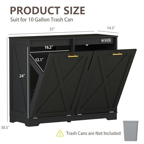 Image of Double Tilt Out Trash Can Cabinet, Wooden Farmhouse Kitchen Garbage Bin Enclosure with Negative Ion Odor Control, Hidden Dog Proof Trash or Laundry Basket Storage for Laundry Room, Black