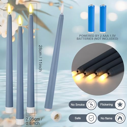 Image of Macarrie 24 Packs Flameless Taper Candles Battery Operated Fake 11 Inch Long Candlelight LED Flameless Candlesticks Flickering Tapered for Summer Fall Wedding(Haze Blue)
