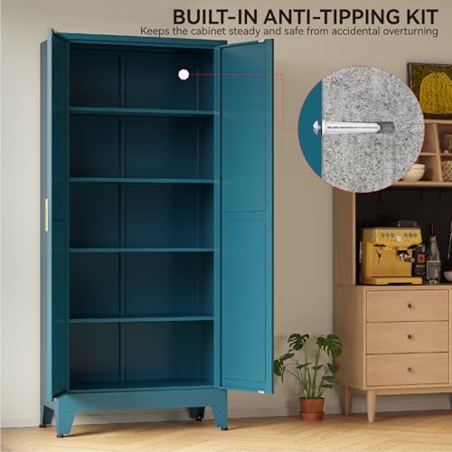 Image of COFaR 71 inch Metal Pantry Cabinet in Peacock Blue, 5-Tier Storage with Adjustable Shelves, Modern Statement Cupboard for Kitchen, Bathroom & Living Room