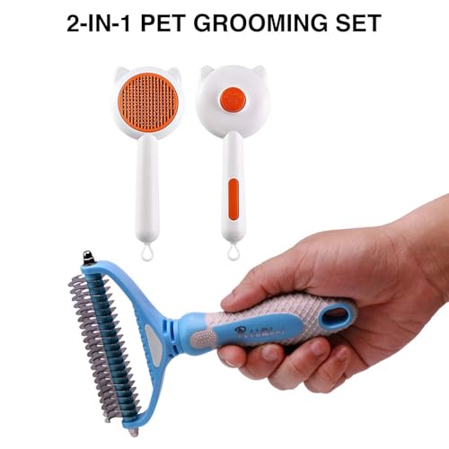 Image of PawBabas2-in-1 Pet Grooming Set for Dogs & Cats | De-Shedding Rake Comb for Thick Coats + Slicker Brush for Loose Fur & Detangling | Safe, Gentle & Effective Daily Grooming Tools
