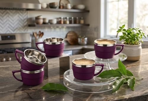 Image of HAPPI Tea Cups Set Coffee Mug Insulated Stainless Steel Inner Stylist Double Wall Cup for Home Office Restaurant Use Tea Mugs Set of 6 (Purple)