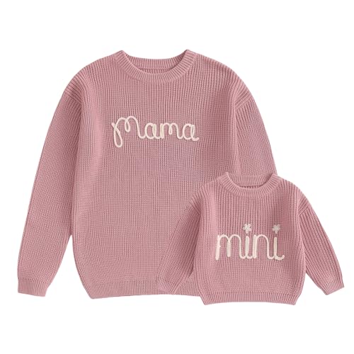 Mommy and Me Family Matching Sweaters Letter Embroidery Long Sleeve Round Neck Knitwear Fall Winter Warm Tops (Mom, M, Pink)