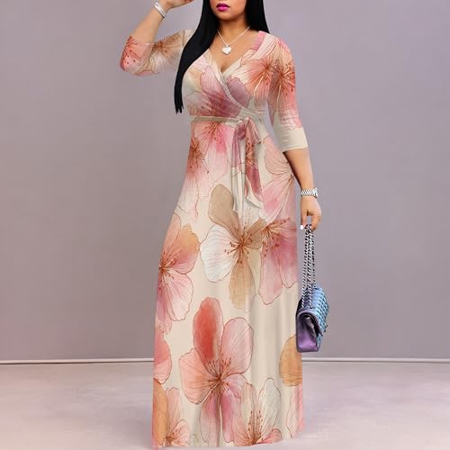 Image of Plus Size Dresses for Women Floral Print Maxi Dress Flowy 3 /4 Sleeve with Belt
