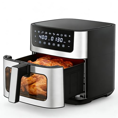 Image of HealSmart 6.34 Qt Air Fryer with Window, 8-in-1 Digital AirFryer Oven, 1700W, Nonstick Dishwasher-Safe Basket, Air Fry, Roast, Dehydrate, 90-Min Timer, Stainless Steel, Black