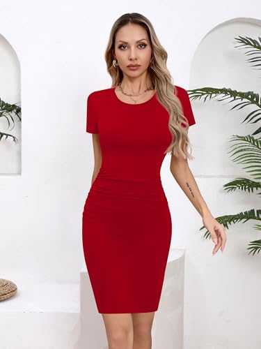 Image of Missufe Women's Short Sleeve Ruched Bodycon Casual Knee Length Dress (Red Short Sleeve, XX-Large)