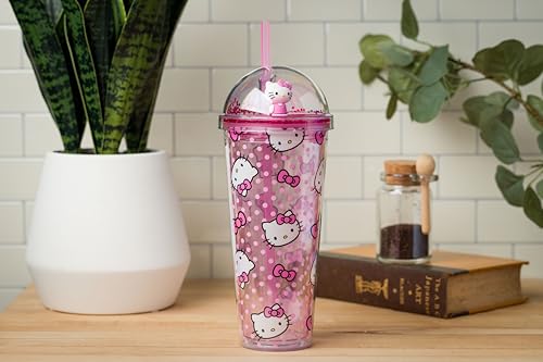 Image of Silver Buffalo Sanrio Hello Kitty Pink Polka Dots and Bows Dome Glitter Top Travel Tumbler, 24 Ounces