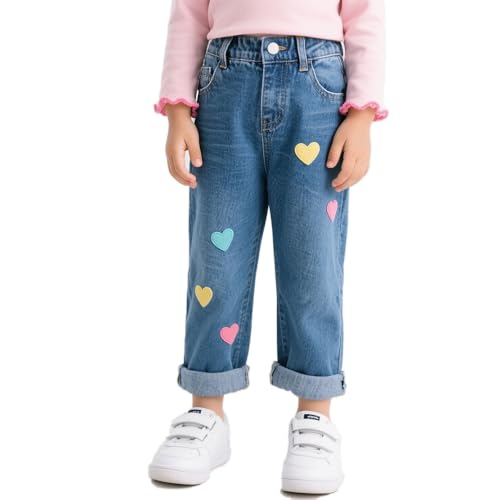 Girls Jeans Straight Leg Hearts Embroidered Denim Pants for Teen Girls 8-12 Years Old