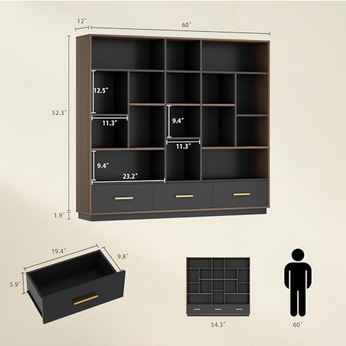 Image of ModernMate 60 inch Wide Bookshelf with 3 Drawers & 16 Open Display Storage