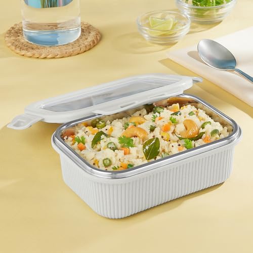 Image of Larah by BOROSIL Freshbyte Food Storage Container with Airtight Stainless Steel Lid | Fridge Container for Lunchbox | Food Grade | Microwave Safe (Grey, 400 ml, Rectangular)