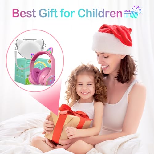 Image of LOBKIN Bluetooth 5.3 Kids Headphones with Case - RGB LED Light Up Cat Ears Foldable Adjustable Over-Ear Headset Support Wireless or 3.5mm Wired Mode for Toddler & Girls & Boys Teens (Rose Red)