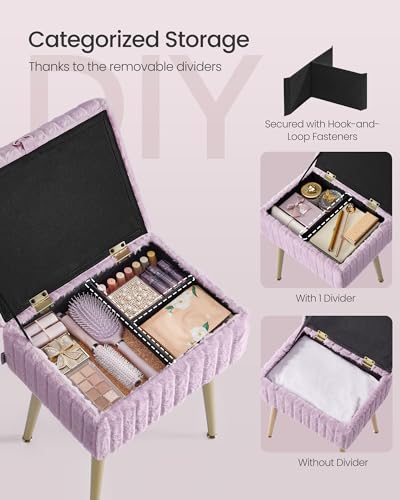 Image of SONGMICS Vanity Stool Chair Faux Fur with Storage, Vanity Bench, Metal Legs, Adjustable Feet, for Living Room, Bedroom, Makeup Room, Light Lilac ULOM505PZ02
