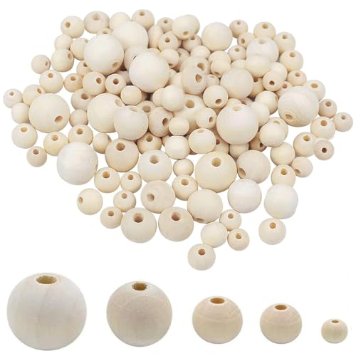 150 Perline di Legno Naturale, Sfera Con Foro Tondo, per DIY Creazione di Gioielli Artigianali (5 Formati: 8 mm, 12 mm, 16 mm, 20 mm, 25 mm)