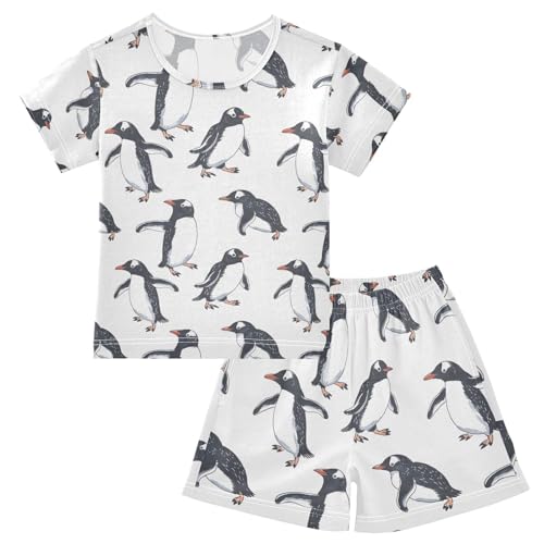 ALAZA Penguin on White Cartoon Pajamas Short Sleeve 2 Piece Sleepwear Top and Bottom Pajama Set Unisex