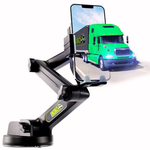 Image of Cell Phone Mount for Truck Phone Holder for Truck Drivers - Heavy Duty Suction Cup, iPhone Holder for Dashboard Window 16.9 inch Long, for iPhone & Samsung, Semi Trucker, Gray