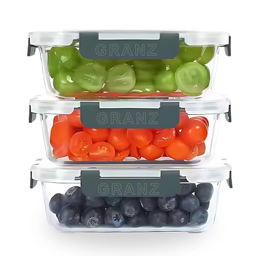 GRANZ Glass Food Storage Containers Pack of 3 | BPA-Free Food Storage Containers, Airtight Snap Loc lid, Leak Proof Meal Prep Boxes | Stackable, Eco-Friendly, Reusable, Microwave & Dishwasher