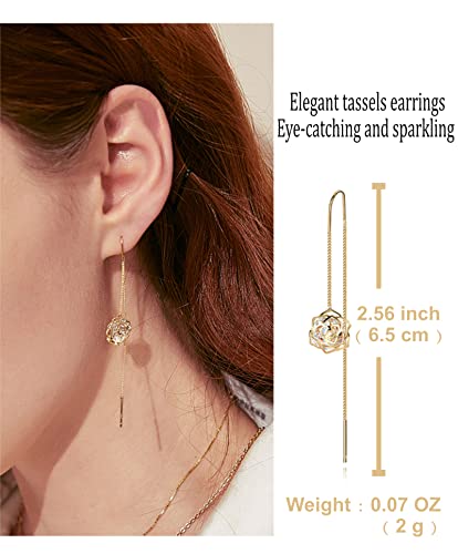 14K Gold Rose Flower Dangle Earring For Women Tassel Threading Long Chain Earrings For Women Drop Earrings For Bridesmaid2