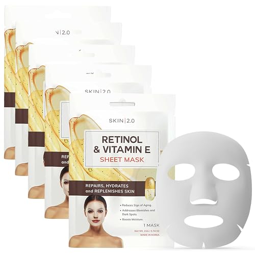 Skin 2.0 Retinol & Vitamin E Sheet Mask - Anti-Aging, Acne Scar & Hyperpigmentation - Hydrating,...