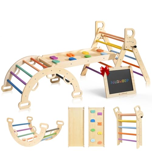 Image of BlueWood Pikler Triangle Set, Foldable Wooden Toddler Climbing Toys Indoor Playground Jungle Gym Montessori Philosophy Climber for 2-6 Years Old, Baby, Kids (Rainbow)