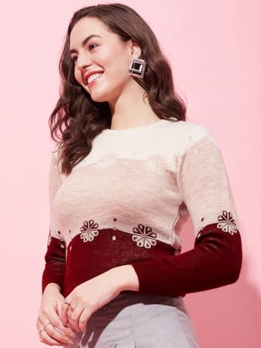 Image of Modeve Self Design Round Neck Casual Women Crop Top Sweater||Winterwear||