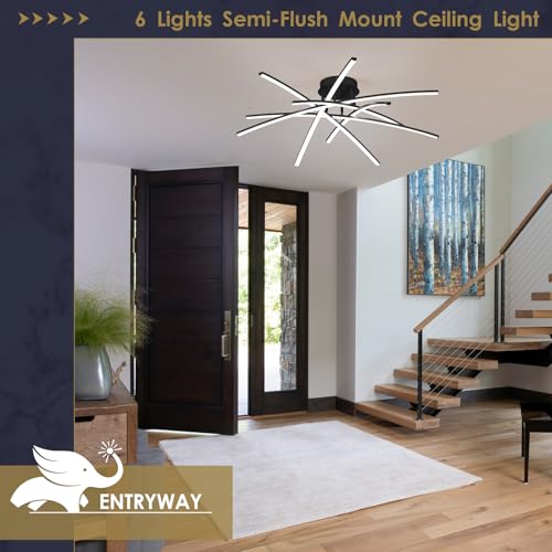AIRYPHANT Modern 32.8" LED Chandelier Ceiling Light 6-Lights Black Dimmable Semi Flush Mount Ceiling Light Fixtures with Remote for Living Room Bedroom Kitchen 65 W 3000K-6000K by AIRYPHANT - Used condition - Image 6