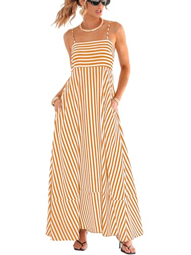 Image of CUPSHE Womens Summer Maxi Dress Casual Sleeveless Square Neck Striped Beach Long Dress with Pockets
