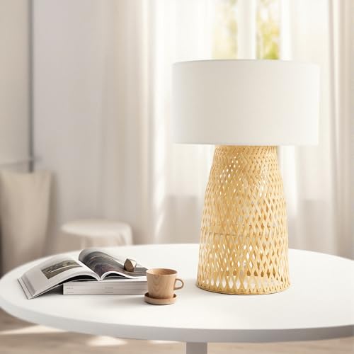 Image of Boho Bamboo Table Lamp, Handwoven Bedside Lamp with Linen Shade, Small Natural Weave Nightstand Light for Living Room, Tea Room, Desk,White