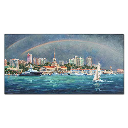Tableau en verre 100x50 cm sur verre trempé d'un port sous l'arc-en-ciel