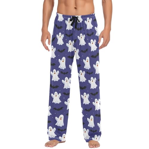 Men’s Cute Ghosts and Bats Pajama Pants with Pockets, Comfortable Lounge Sleep Bottoms#583
