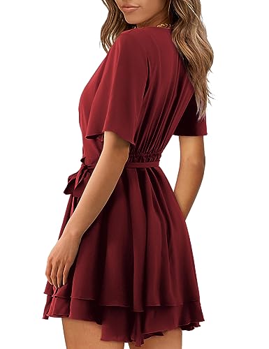 Image of Women Wrap Dress Casual Mini V Neck Fall Long Sleeve Wedding Guest Dresses with Belt