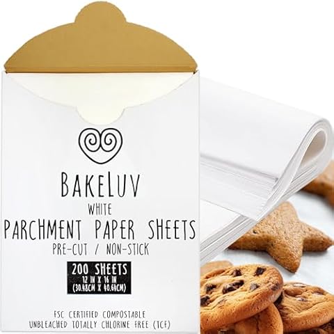 BAKELUV White Parchment Paper Sheets 12x16” | 200 Pcs | Non-Stick Precut Parchment Paper for Baking Sheets, Baking Paper, Unbleached Cookie Sheets, Wax Paper | Oven, Air Fryer, Grilling, Freezer Cover