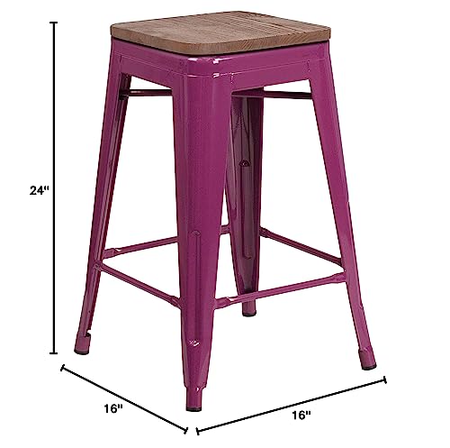 Butaco Merrick Lane Serie Dalton Alto de Mostrador - Acabado Púrpura - Asiento de Madera - Estructura Metálica con Refuerzo Cruzado - Diseño sin Respaldo - Reposapiés Integrado miniatura 2