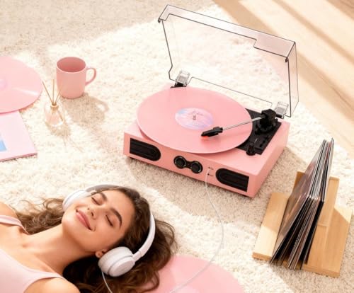 Image of Vinyl Record Player with Built-in Speakers, Vintage 3-Speed Turntable, Bass /Treble Control, Headphone Jack, RCA /AUX Outputs, Belt-Driven LP Player, Pink