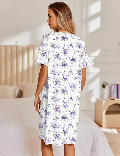 Image of Ekouaer Nightgowns for Women House Dress with Pockets Snap Front House Coat | Duster Mumu Dress, Short Sleeve Moo Moos, Plus Size Sleepwear, Casual Lounge Dress, Labor Delivery Gown, Daily Wear, Home