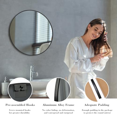 Image of Sweetcrispy 24 Inch Round Wall Mirror with Tempered Glass, Bathroom Mirror Over Sink, Anti-Fog & Waterproof Round Mirrors for Bathroom, Entryway, Bedroom, Shatterproof Design, Black
